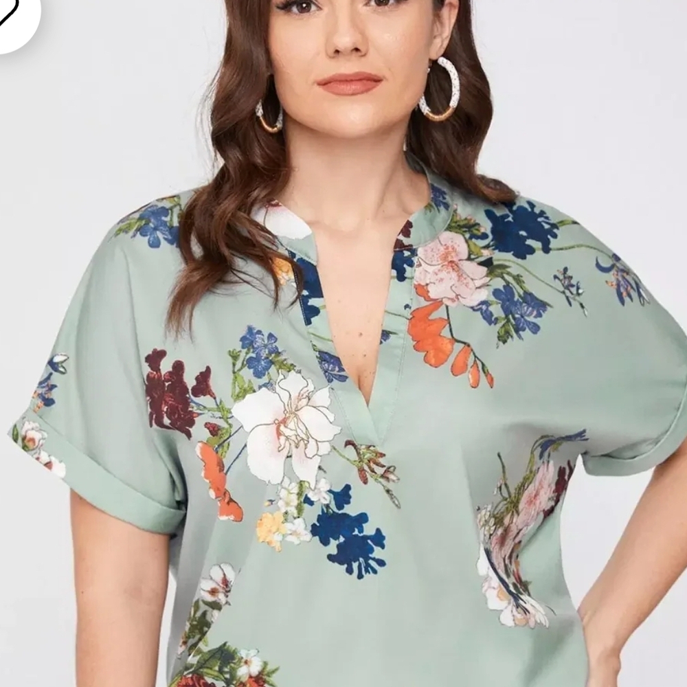 Floral Split-Neck Blouse in Sage Green - Women's Top Part Of 3 For 25 Sale